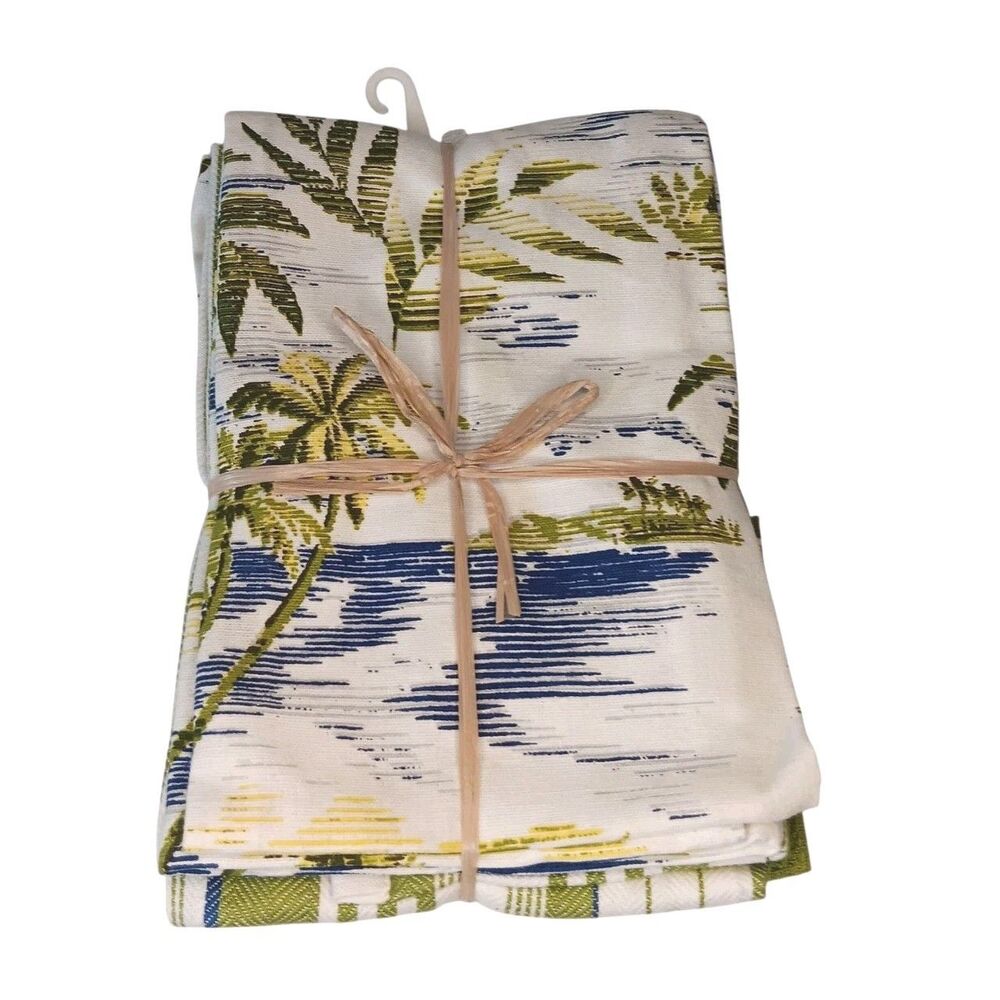 4 Tommy Bahama Dish Towels Tropical Palm Tree Stripe Solid Green White Blue New